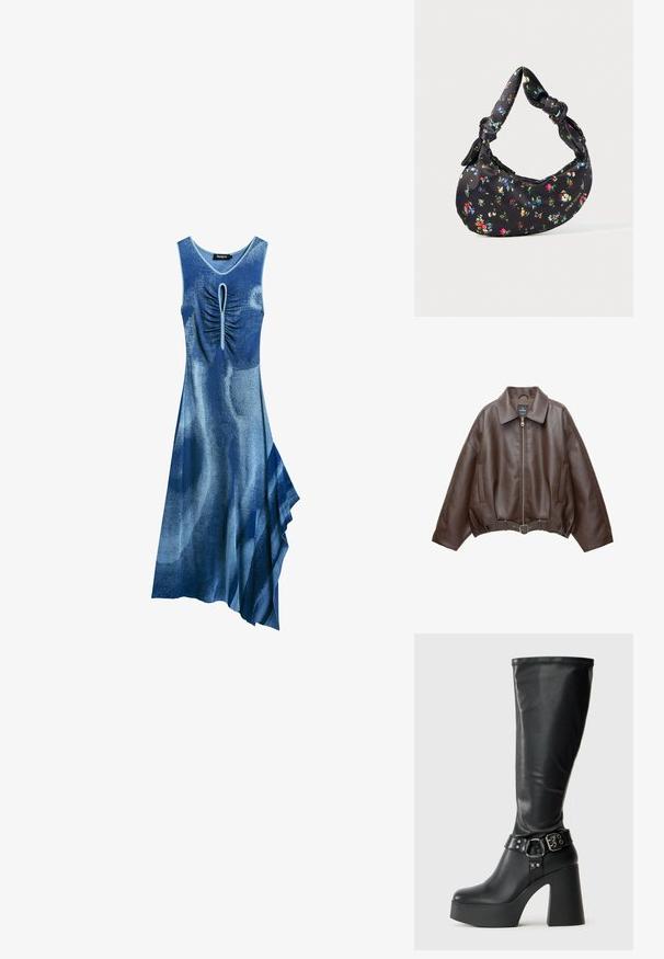 Hnědá krátká bunda z umělé kůže se širokým límcem, předním zipem, bočními kapsami a páskem v pase. Hladká textura, volný střih.; Modré šaty s bezramenným designem, nařaseným předním dílem s klíčovou výřezem a asymetrickým lemem s splývavou texturou látky.; Černé vysoké platformové boty do kolen s lesklým povrchem, vyznačující se širokým blokovým podpatkem a připínací páskem u kotníku.; Černá měsíčková kabelka s barevným květinovým potiskem a uzlovými rukojeťmi, která má malé kovové logo v pravém dolním rohu.