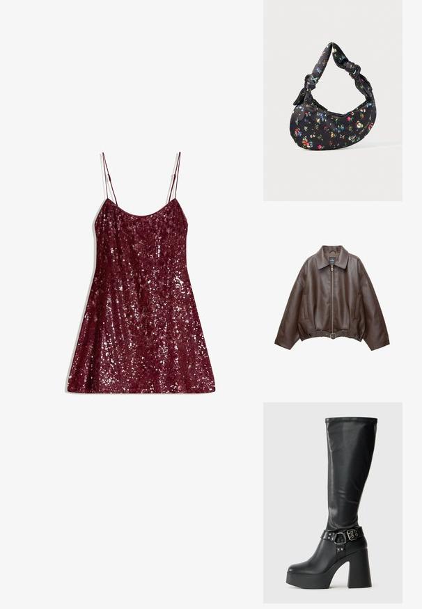Jachetă scurtă maro din piele ecologică, cu guler lat, fermoar frontal, buzunare laterale și talie cu curea. Textură netedă, croială lejeră.; Rochie burgundy cu paiete, cu bretele subțiri ajustabile, formă în A și un aspect lucios, având o acoperire completă cu paiete pentru strălucire.; Bocanci negri până la genunchi, cu platformă, având un finisaj lucios, cu un toc bloc larg și un accent de curea cu cataramă la gleznă.; Geantă neagră în formă de semilună, cu imprimeu floral colorat și mânere legate, având un mic logo metalic în colțul din dreapta jos.
