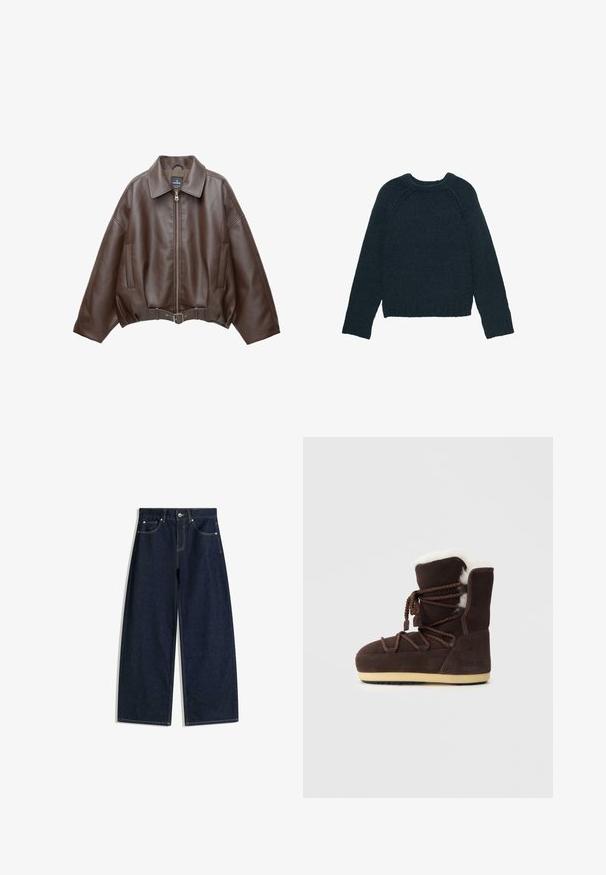 Giacca corta in pelle ecologica marrone con ampio colletto, cerniera frontale, tasche laterali e cintura in vita. Texture liscia, vestibilità comoda.; Maglione verde scuro lavorato a maglia con scollo rotondo, maniche raglan lunghe e polsini e orlo a coste. Superficie strutturata con vestibilità ampia.; Jeans denim a gamba larga di colore blu scuro con tasche frontali, chiusura con bottoni e cuciture visibili su sfondo bianco.; Stivale in suede marrone con una parte superiore in pelliccia sintetica bianca, lacci e suola in gomma color beige. Sul lato è presente il testo "MOON BOOT."