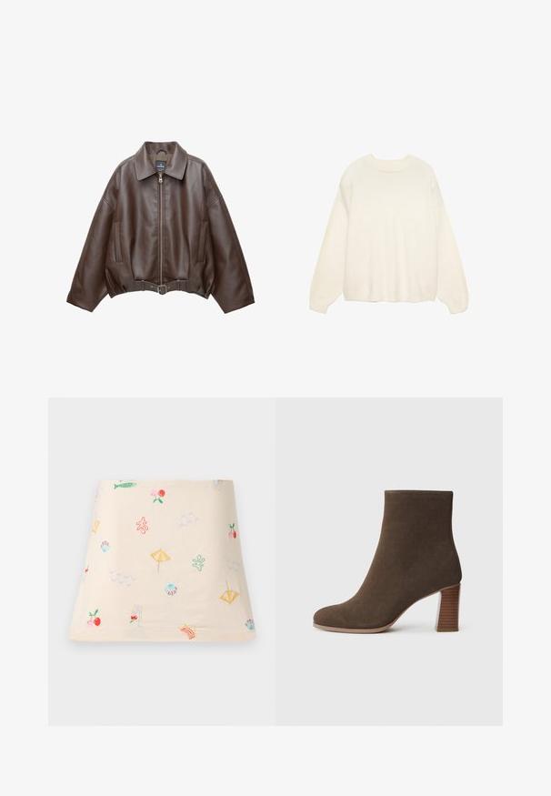 Brązowa kurtka z eko skóry, krótkiego kroju, z szerokim kołnierzem, zamkiem z przodu, bocznymi kieszeniami i paskiem w talii. Gładka faktura, luźny fason.; Sweter w kolorze kremowym, okrągłym dekoltem i długim rękawem, o luźnym kroju, wykonany z miękkiego materiału dzianinowego. Posiada ściągacze u dołu i na rękawach. Gładka faktura.; Wyszywana bawełniana bluzka na kremowym tle, zdobiona kolorowymi wzorami związanymi z plażą, takimi jak parasole, fale, ryby i Wiśnie.; Brązowy zamszowy botek sięgający kostki z okrągłym noskiem oraz piętą o warstwowej, teksturowanej powierzchni. Gładkie wykończenie bez widocznych zapięć ani ozdób.