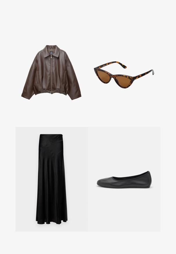 Giacca corta in pelle ecologica marrone con ampio colletto, cerniera frontale, tasche laterali e cintura in vita. Texture liscia, vestibilità comoda.; Felpa blu e nera con zip, dettagli bianchi, logo "RACING" in carattere grassetto, colletto alto e due tasche con zip.; Gonna maxi nera in satin con una texture liscia, forma fluida e design della vita asimmetrica. Presenta una silhouette semplice ed elegante.; Pantofole da balletto nere in pelle con punta arrotondata, texture liscia, dettagli di cucitura minimi e design con suola flessibile.; Occhiali da sole cat-eye con una montatura tartarugata nera e arancione, lenti marroni e punte affusolate e eleganti. Presentano un logo minimale sulla asta.; Borsa a mano nera intrecciata con forma arrotondata, superficie testurizzata e un solo manico superiore. Presenta un design elegante e minimalista senza hardware visibile.