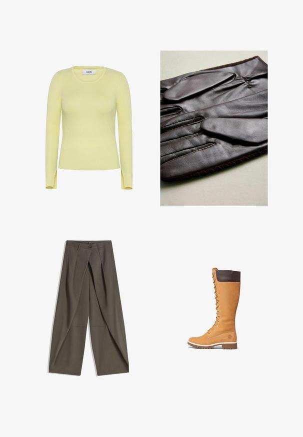 Ruskea tekonahkainen lyhyt takki, jossa leveä kaulus, edessä vetoketju, sivutaskut ja vyötäröllä vyö. Sileä pinta, rento istuvuus.; Ribattu pitkähihaine neule vaaleankeltaisena, pyöreällä pääntiellä ja sivuhalkioilla helmassa. Valmistettu joustavasta, teksturoidusta kankaasta.; Laahustetut leveät housut tummasta harmaasta kankaasta. Varustettu etupleatilla, nappikiinnityksellä ja sivutaskuilla käytännöllisyyden vuoksi.; Timberland PREMIUM - Nauhalliset saappaat - wheat; Ruske nahkane rokavice gladke teksture, s petimi prsti, elastičnim zapestjem in dekorativnim šivom ob robu.