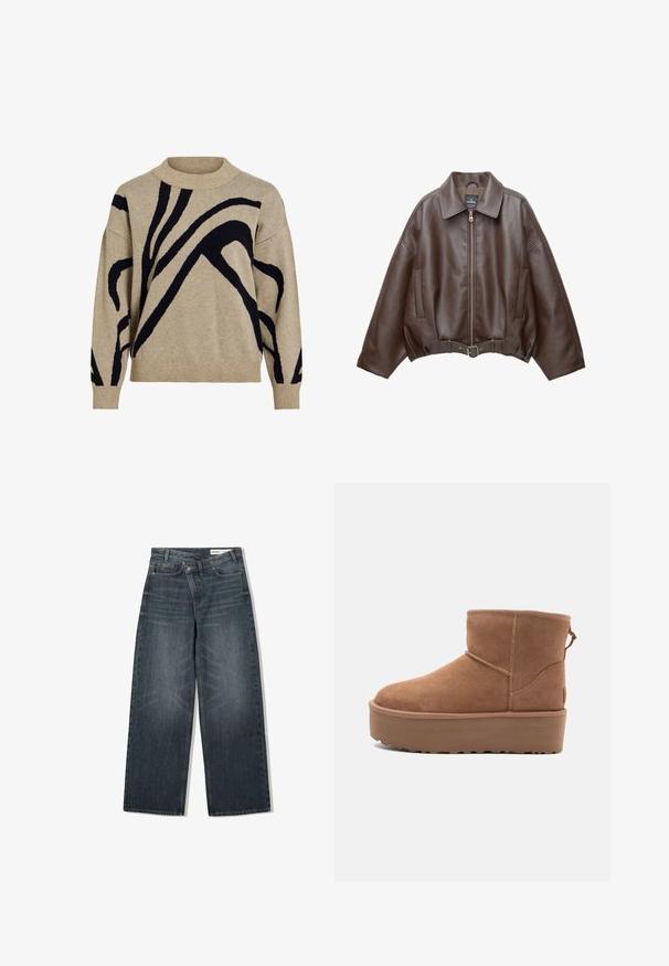 Hnedá krátka bunda z umelého kože s širokým golierom, predným zipsom, bočnými vreckami a opaskom v páse. Hladká textura, voľný strih.; béžový pletený sveter s čiernymi abstraktnými zakrivenými líniami, rebrovaný rolák, manžety a lem, vystavený na bielom pozadí.; Tmavé denimové džínsy s širokým strihom, s vysokým pásom, piatimi vreckami a jemným žmurkaním na prednej strane.; Hnedé semišové členkové čižmy s platformou, okrúhlou špičkou a zdobením stehov; majú slučku zozadu pre jednoduché obúvanie.
