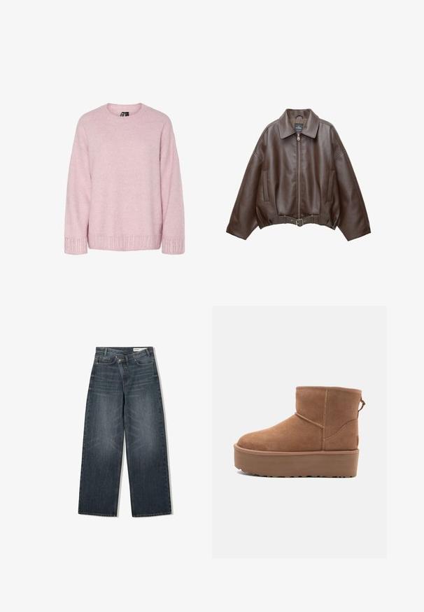 Jachetă scurtă maro din piele ecologică, cu guler lat, fermoar frontal, buzunare laterale și talie cu curea. Textură netedă, croială lejeră.; Pulover roz deschis tricotat, cu guler rotund, croială lejeră și accente refile pe manșete și tiv. Textură moale cu un model subtil.; Jeans din denim decolorat închis, cu un design cu picioare largi, dispune de talie înaltă, cinci buzunare și detalii subtile de uzură pe față.; Botine din suede de culoare bej, cu talpă platformă, vârf rotund și detalii de cusătură; dispune de un mânere la spate pentru a fi ușor de încălțat.