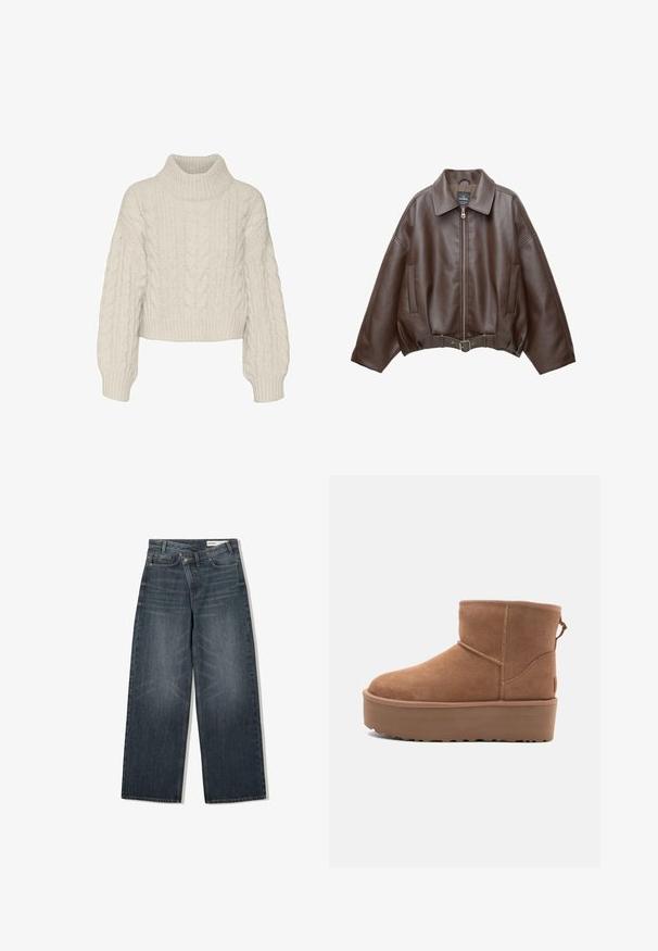 Braune, kurz geschnittene Jacke aus Kunstleder mit weitem Kragen, vorderem Reißverschluss, Seitentaschen und einem Taillengürtel. Glatte Textur, entspannte Passform.; Vero Moda VMDREAM CROP - Strickpullover - birch; Dunkel waschjeans mit weitem Bein, hoher Taille, fünf Taschen und dezenten Abnutzungen an der Vorderseite.; Beige Wildleder-Ankle-Boot mit Plateausohle, abgerundetem Zehenbereich und abgesteppten Akzenten; verfügt über eine Zuglasche hinten für einfaches An- und Ausziehen.