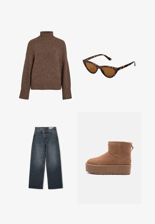 Veste courte en similicuir marron avec un large col, une fermeture éclair frontale, des poches latérales et une taille ceinturée. Texture lisse, coupe décontractée.; Pull à col roulé marron en matière douce et texturée. Il présente une coupe décontractée, des poignets et un ourlet côtelés, avec un tricotage uniforme sur toute la surface.; Jean en denim foncé avec une coupe large, doté d'une taille haute, de cinq poches et d'un léger délavage sur le devant.; Bottine en suède tan avec une semelle plate-forme, un bout arrondi et des accents de couture ; elle est dotée d'une languette à l'arrière pour un enfilage facile.; Lunettes de soleil style œil de chat avec une monture en écaille de tortue noire et orange, verres marron et pointes effilées et élégantes. Présente un logo minimaliste sur la branche.