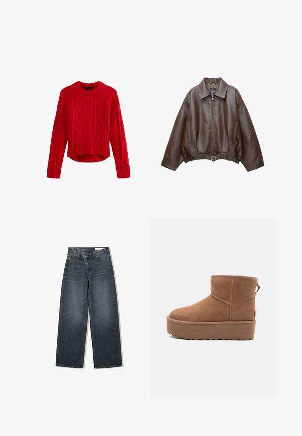 Brown faux leather cropped jacket with a wide collar, front zipper, side pockets, and a belted waist. Smooth texture, relaxed fit.; Red knitted sweater with a textured cable pattern, round neckline, and long sleeves. Cropped fit with ribbed hem detailing.; Dark wash denim jeans with a wide-leg design, featuring a high waist, five pockets, and subtle whiskering on the front.; Tan suede ankle boot with a platform sole, rounded toe, and stitching accents; features a pull tab at the back for easy wear.