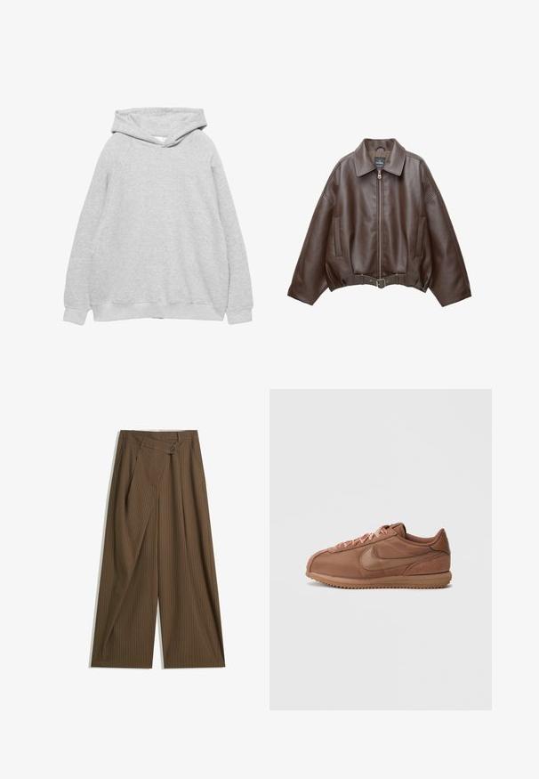Kavaj s ošišanim donjim dijelom od smeđe umjetne kože s širokim ovratnikom, prednjim patentnim zatvaračem, bočnim džepovima i remenom u struku. Glatka tekstura, udoban kroj.; Svijetlosiva dukserica s kapuljačom, meke teksture, raglan rukavi i rebrasti rukavi i donji rub. Jednostavan dizajn, bez vidljivih grafika ili uzoraka.; Smeđe hlače širokih nogavica s tankim bijelim prugama, visokog struka, prednjim kopčanjem na dugme i preklopnim panelom.; Smeđe Nike tenisice s gornjim dijelom od glatke kože, antilop naglascima, okruglim vrhom, teksturiranom gumenom potplatom i ravnim vezicama u odgovarajućoj boji.