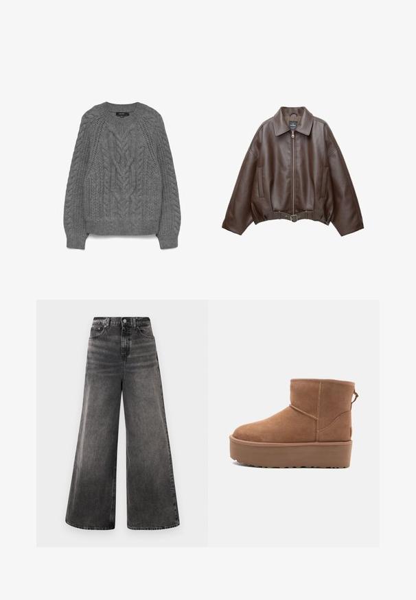 Brun kort jacka i konstläder med bred krage, dragkedja fram, sidofickor och skärp i midjan. Mjuk yta, avslappnad passform.; Grå stickad tröja med ett kabelmönster, rund halsringning samt ribbade muddar och fåll. Texturerad design med varierande sticktekniker.; Breda svarta denimjeans med en urtvättad finish, femficksdesign och knappstängning vid midjan, med stickade detaljer.; Tan mockasköna med plattformssula, rund tå och broderade detaljer; har en dragflik baktill för enkel påtagning.