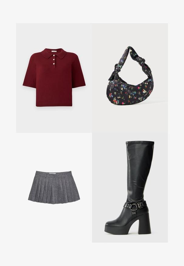 Ruskea tekonahkainen lyhyt takki, jossa leveä kaulus, edessä vetoketju, sivutaskut ja vyötäröllä vyö. Sileä pinta, rento istuvuus.; Burgundin neulottu polo paita, jossa on lyhyet hihat, klassinen kaulus ja neljän napin pääntie, jossa on pyöreät valkoiset napit.; Harmaa laskettu hame, joka on valmistettu teksturoitua kangasta. Siinä on muotoiltu vyötärö ja useita pystylaskoksia, jotka luovat rakenteellisen siluettin.; Mustat polvipituiset platform-kengät kiiltävällä pinnalla, joissa on leveä lohkarekorko ja solkikiinnitys nilkassa.; Mustasilmäinen kuution muotoinen käsilaukku, jossa on värikäs kukkakuosi ja solmittu kahva, sekä pieni metallinen logo alakulmassa.