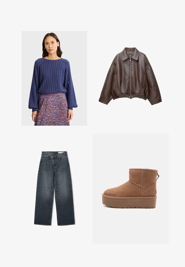 Brun kort jacka i konstläder med bred krage, dragkedja fram, sidofickor och skärp i midjan. Mjuk yta, avslappnad passform.; Kvinna klädd i en ribbad marinblå tröja med ballongsärmar och en mönstrad kjol i nyanser av lila, rost och vitt mot en ljus bakgrund.; Mörk tvättade denimjeans med vida ben, hög midja, fem fickor och subtila slitningar framtill.; Tan mockasköna med plattformssula, rund tå och broderade detaljer; har en dragflik baktill för enkel påtagning.
