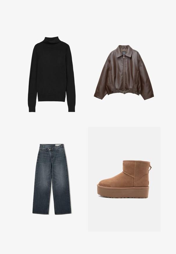 Giacca corta in pelle ecologica marrone con ampio colletto, cerniera frontale, tasche laterali e cintura in vita. Texture liscia, vestibilità comoda.; Maglione a collo alto nero realizzato in tessuto morbido, con maniche lunghe, collo aderente e polsini a costine per un look strutturato.; Jeans in denim scuro con un design a gamba larga, caratterizzati da una vita alta, cinque tasche e leggere sfumature di usura nella parte anteriore.; Stivale alla caviglia in suede beige con suola platform, punta rotonda e dettagli di cucitura; presenta un inserto sul retro per una facile calzata.
