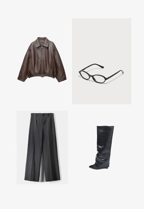 Kavaj s ošišanim donjim dijelom od smeđe umjetne kože s širokim ovratnikom, prednjim patentnim zatvaračem, bočnim džepovima i remenom u struku. Glatka tekstura, udoban kroj.; Bijela košulja dugih rukava s gumbima napravljena od laganog materijala. Ima klasičan ovratnik, ravni rub i prednje kopčanje na gumbi.; Hlače širokih nogavica od tamnosive tkanine, s kopčanjem na gumb, prednjim plisiranjima i petljama za remen. Glatka tekstura s krojem.; Bata Čizme s punim potplatom - nero; Crne naočale ovalnog okvira s prozirnim ljubičastim naglascima na lećama. Okviri imaju mat finiš i tanke, ravne temple.