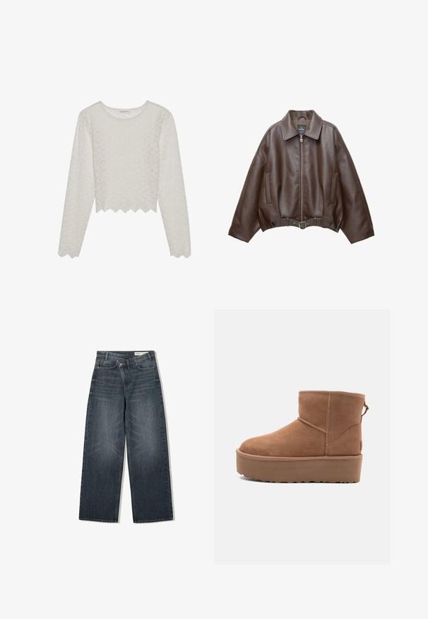 Braune, kurz geschnittene Jacke aus Kunstleder mit weitem Kragen, vorderem Reißverschluss, Seitentaschen und einem Taillengürtel. Glatte Textur, entspannte Passform.; Cremfarbene Langarmbluse mit strukturiertem Blumenmuster, verkürztem Schnitt und gewelltem Saum. Hergestellt aus einem leichten, halbtransparenten Stoff.; Dunkel waschjeans mit weitem Bein, hoher Taille, fünf Taschen und dezenten Abnutzungen an der Vorderseite.; Beige Wildleder-Ankle-Boot mit Plateausohle, abgerundetem Zehenbereich und abgesteppten Akzenten; verfügt über eine Zuglasche hinten für einfaches An- und Ausziehen.