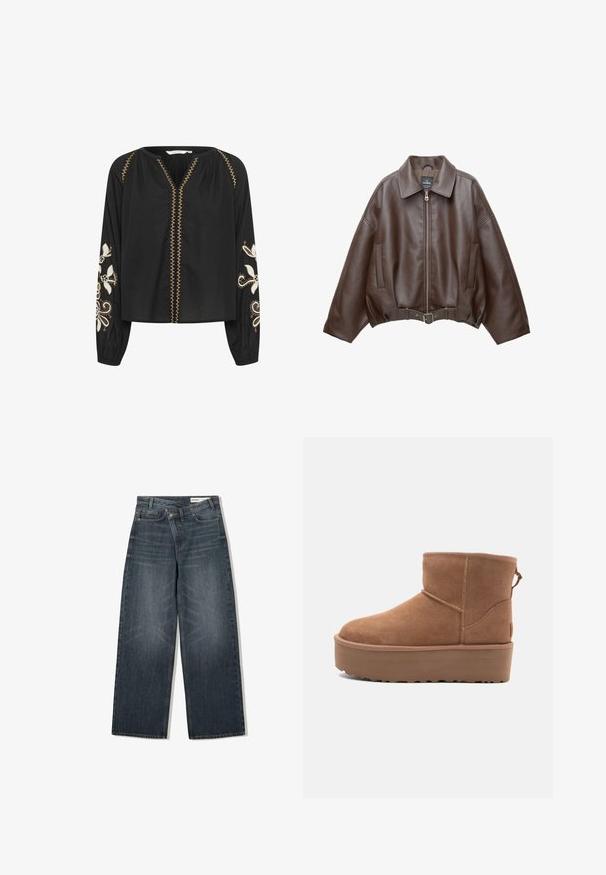 Hnedá krátka bunda z umelého kože s širokým golierom, predným zipsom, bočnými vreckami a opaskom v páse. Hladká textura, voľný strih.; Čierna blúzka s dlhými rukávmi, na ktorých sú vyšívané biele kvetinové vzory; má výstrih do V a dekoračné zlaté stehy na prednej strane.; Tmavé denimové džínsy s širokým strihom, s vysokým pásom, piatimi vreckami a jemným žmurkaním na prednej strane.; Hnedé semišové členkové čižmy s platformou, okrúhlou špičkou a zdobením stehov; majú slučku zozadu pre jednoduché obúvanie.