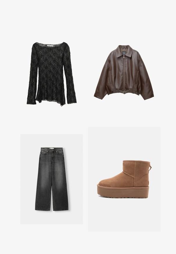 Bruine jack van imitatieleer, kort model, met een brede kraag, ritssluiting aan de voorkant, zijzakken en een tailleband met ceintuur. Gladde textuur, ontspannen pasvorm.; Zwarte kanttop met een losse pasvorm, lange mouwen en een brede halslijn. Kenmerkt zich door een gestructureerd patroon en subtiele glitters accenturen overal.; Brede pijpen, high-waisted jeans in donkergrijze denim. Kenmerken zijn vijf zakken, metalen klinknagels en riemlussen. Glad textuur met een lichte vervaging.; Tan suède enkellaars met een platformzool, ronde neus en stiksels; heeft een trekband aan de achterkant voor gemakkelijke instap.