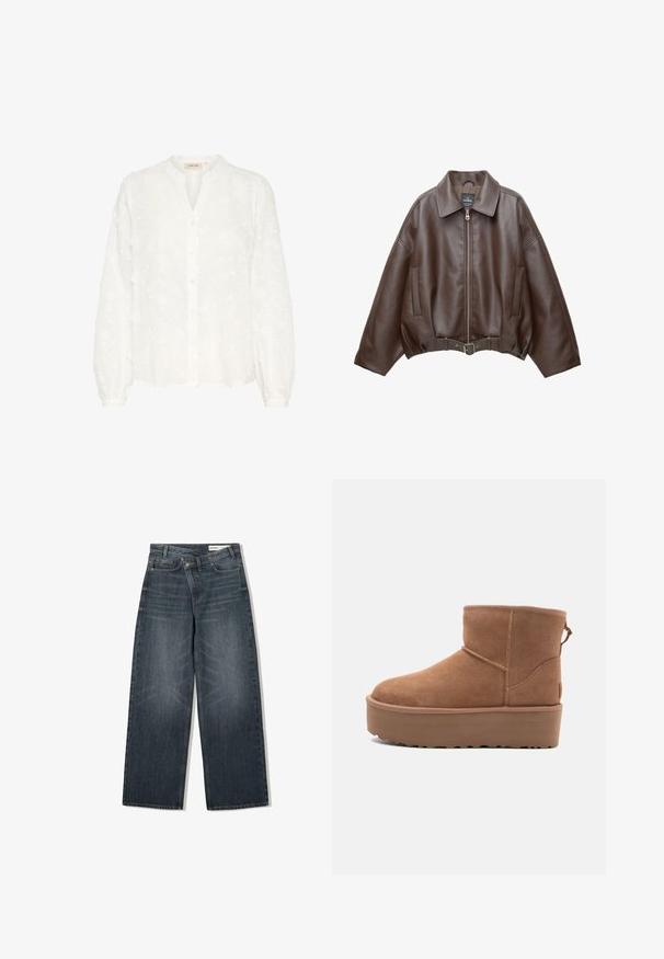 Brown faux leather cropped jacket with a wide collar, front zipper, side pockets, and a belted waist. Smooth texture, relaxed fit.; White embroidered blouse featuring a henley neck, long puffed sleeves, button fastening, and floral patterns throughout. Soft, lightweight fabric.; Dark wash denim jeans with a wide-leg design, featuring a high waist, five pockets, and subtle whiskering on the front.; Tan suede ankle boot with a platform sole, rounded toe, and stitching accents; features a pull tab at the back for easy wear.