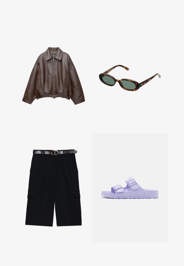 Brown faux leather cropped jacket with a wide collar, front zipper, side pockets, and a belted waist. Smooth texture, relaxed fit.; Long-sleeve polo shirt featuring alternating dark brown and white horizontal stripes, a collar, and a buttoned placket. Made of soft fabric.; Black cargo shorts made from lightweight fabric, featuring a straight cut, side pockets, and a brown leather belt with a silver buckle.; Purple resin sandals with two adjustable straps featuring a matte finish and textured sole. Lightweight design suitable for casual wear.; Tortoiseshell sunglasses with oval frames and green lenses. Features thin arms with a metallic accent near the hinges.