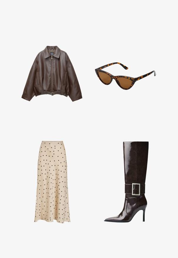 Brun kort jacka i konstläder med bred krage, dragkedja fram, sidofickor och skärp i midjan. Mjuk yta, avslappnad passform.; Vit halterneck crop top med djup V-urringning och rynkade tygdetaljer på sidorna. Tillverkad av ett mjukt, stretchigt material.; Beige midikjol i slätt tyg, med ett heltäckande mönster av svarta prickar, med en något utsvängd silhuett och slitsdetalj.; Mörkbrun knähög läderstövel med spetsig tå, stilettklack och bred rem med stort rektangulärt silverspänne.; Kattögon-solglasögon med en ram i svart och orange sköldpaddsmönster, bruna linser och smala, spetsiga tips. Har en minimalistisk logotyp på bågen.