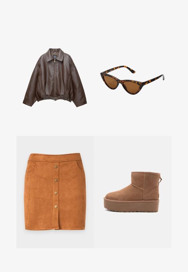 Veste courte en similicuir marron avec un large col, une fermeture éclair frontale, des poches latérales et une taille ceinturée. Texture lisse, coupe décontractée.; Haut halter beige avec un devant drapé, présentant une texture lisse et de petites accents métalliques le long de l'encolure. Se noue à l'arrière.; Mini-jupe en daim marron avec une coupe droite, dotée d'une fermeture à boutons sur le devant, de deux poches latérales et de détails de couture subtils.; Bottine en suède tan avec une semelle plate-forme, un bout arrondi et des accents de couture ; elle est dotée d'une languette à l'arrière pour un enfilage facile.; Lunettes de soleil style œil de chat avec une monture en écaille de tortue noire et orange, verres marron et pointes effilées et élégantes. Présente un logo minimaliste sur la branche.