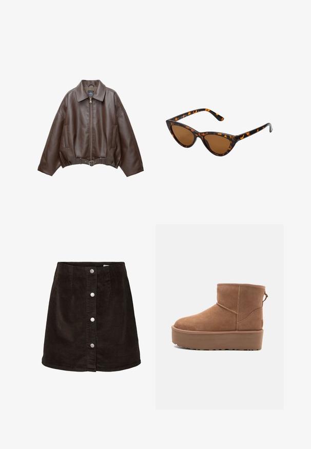 Bruine jack van imitatieleer, kort model, met een brede kraag, ritssluiting aan de voorkant, zijzakken en een tailleband met ceintuur. Gladde textuur, ontspannen pasvorm.; Beige haltertop met gedrapeerde voorkant, met een zachte textuur en kleine metalen accenten langs de halslijn. Vetersluiting aan de achterkant.; Donkerbruine corduroy A-lijn rok met vijf zilveren drukknoopjes aan de voorkant en een lichte uitloop aan de zoom.; Tan suède enkellaars met een platformzool, ronde neus en stiksels; heeft een trekband aan de achterkant voor gemakkelijke instap.; Cat-eye zonnebril met een zwart en oranje schildpadframe, bruine lenzen en slanke, puntige uiteinden. Bevat een minimalistisch logo op de poot.