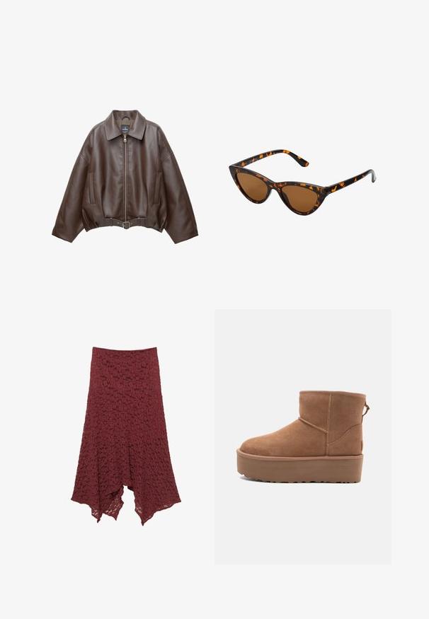 Braune, kurz geschnittene Jacke aus Kunstleder mit weitem Kragen, vorderem Reißverschluss, Seitentaschen und einem Taillengürtel. Glatte Textur, entspannte Passform.; Beige Halftertop mit drapiertem Vorderteil, das eine geschmeidige Textur und kleine metallische Akzente entlang des Ausschnitts aufweist. Bindebänder auf dem Rücken.; Burgunderfarbene Spitzröhre mit einem ausgestellten Schnitt, die ein strukturiertes Muster und einen asymmetrischen Saum für ein fließendes Aussehen aufweist.; Beige Wildleder-Ankle-Boot mit Plateausohle, abgerundetem Zehenbereich und abgesteppten Akzenten; verfügt über eine Zuglasche hinten für einfaches An- und Ausziehen.; Katzenaugen-Sonnenbrille mit einem schwarz-orangenen Schildpattrahmen, braunen Gläsern und schlanken, spitzen Enden. Verfügt über ein minimalistisches Logo am Bügel.