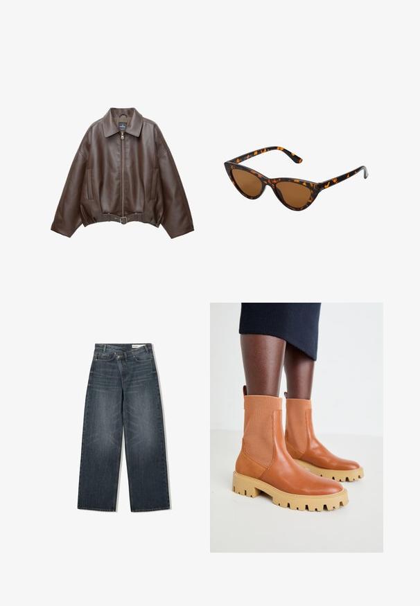 Brązowa kurtka z eko skóry, krótkiego kroju, z szerokim kołnierzem, zamkiem z przodu, bocznymi kieszeniami i paskiem w talii. Gładka faktura, luźny fason.; Beżowy top na halter z drapowanym przodem, charakteryzujący się gładką teksturą i małymi metalicznymi akcentami wzdłuż dekoltu. Związany z tyłu.; Jeans z ciemnego denimu o szerokim kroju, z wysokim stanem, pięcioma kieszeniami i subtelnym przetarciem z przodu.; Brązowe skórzane botki za kostkę z prążkowanymi panelami elastycznymi, masywną beżową podeszwą i detalem z pętelką; nowoczesny design o teksturowanym wykończeniu.; Okulary przeciwsłoneczne w kształcie kocich oczu z czarno-pomarańczową oprawą w deseń żółwia, brązowymi soczewkami i eleganckimi, spiczastymi końcówkami. Posiadają minimalistyczne logo na zauszniku.