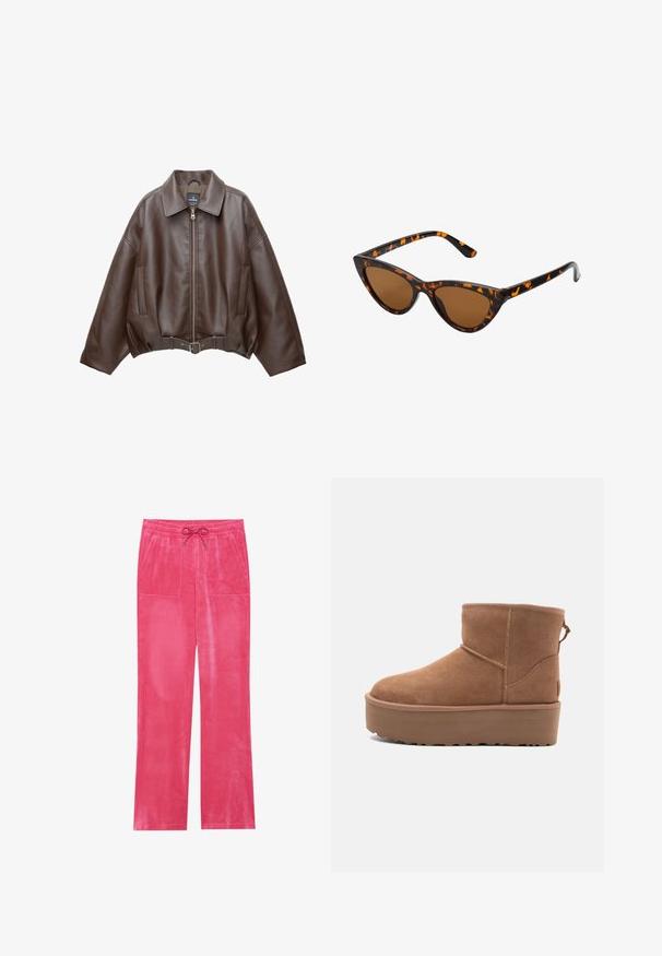 Brun kort jakke i imiteret læder med bred krave, lynlås foran, sidelommer og bælte i taljen. Glat tekstur, afslappet pasform.; Beige halterneck top med draperet front, featuring en glat tekstur og små metalaccenter langs halsudskæringen. Binder i ryggen.; Rosa velourbukser med snor i taljen, to forlommer, bred ben-design og en glat overflade.; Tan ruskinds ankelstøvle med platformssål, rund tå og syninger; har en løkke bagpå for nem påtagning.; Kat-ejede solbriller med en sort og orange skildpaddemønstret stel, brune linser og slanke, spidse ender. Har et minimalistisk logo på skabelsen.