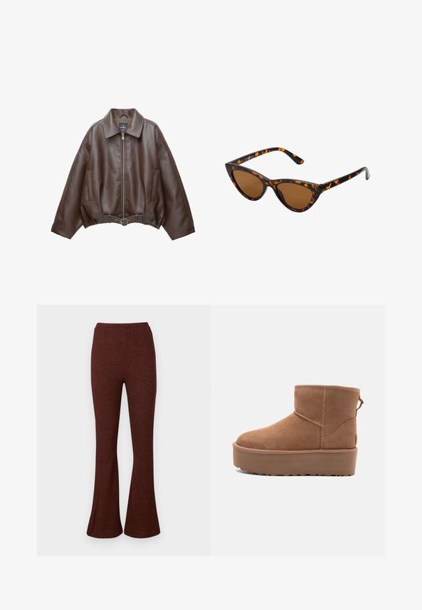 Barna műbőr rövid dzseki széles gallérral, elülső cipzárral, oldalzsebekkel és övvel szabott derékkal. Simább tapintású, laza szabású.; Beige pántnélküli felső, drapírozott elülső résszel, sima textúrával és apró fémes díszítésekkel a nyakvonal mentén. Hátul megkötős.; Burgundy színű, trapéznadrág puha, rugalmas anyagból, gumis derékrésszel. Simaság jellemzi, finom heather mintázattal.; Barna suede bokacsizma platform talppal, lekerekített orral és varrás részletekkel; a hátsó részen húzófül található a könnyű felhúzás érdekében.; Cica szemüveg fekete és narancssárga teknőc pánttal, barna lencsékkel és sima, hegyes végekkel. A templomán egy minimalista logó található.