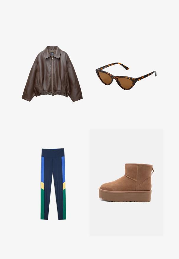 Hnědá krátká bunda z umělé kůže se širokým límcem, předním zipem, bočními kapsami a páskem v pase. Hladká textura, volný střih.; Béžový halter top s přehozem v přední části, který má hladkou texturu a malé kovové detaily podél výstřihu. Zavazuje se na zádech.; Námořnické legíny s vysokým pasem, které mají modré, žluté a zelené barevné bloky podél vnějších nohavic.; Hnědé semišové kotníkové boty s platformou, zaoblenou špičkou a prošíváním; mají poutko vzadu pro snadné obouvání.; Sluneční brýle ve stylu kočičích očí s černo-oranžovým želvovinovým rámem, hnědými skly a elegantními, špičatými konci. Obsahují minimalistické logo na straně.