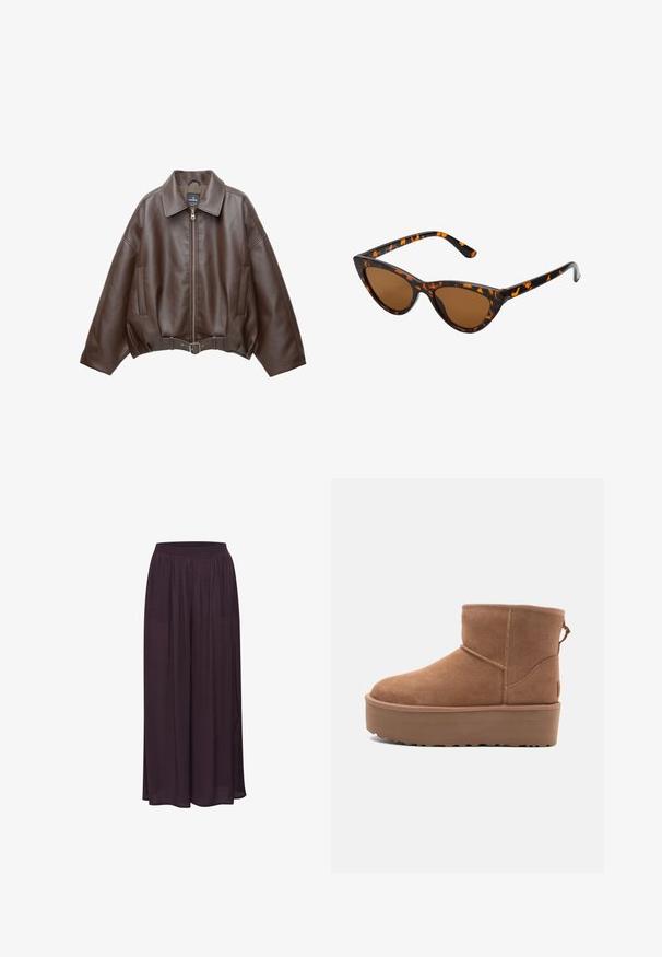 Veste courte en similicuir marron avec un large col, une fermeture éclair frontale, des poches latérales et une taille ceinturée. Texture lisse, coupe décontractée.; Haut halter beige avec un devant drapé, présentant une texture lisse et de petites accents métalliques le long de l'encolure. Se noue à l'arrière.; Pantalons larges en tissu léger, de couleur violet foncé. Dotés d'une taille élastique et d'un design fluide avec une texture lisse.; Bottine en suède tan avec une semelle plate-forme, un bout arrondi et des accents de couture ; elle est dotée d'une languette à l'arrière pour un enfilage facile.; Lunettes de soleil style œil de chat avec une monture en écaille de tortue noire et orange, verres marron et pointes effilées et élégantes. Présente un logo minimaliste sur la branche.