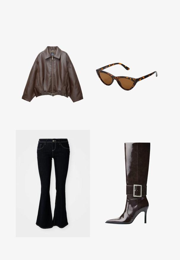 Barna műbőr rövid dzseki széles gallérral, elülső cipzárral, oldalzsebekkel és övvel szabott derékkal. Simább tapintású, laza szabású.; Beige pántnélküli felső, drapírozott elülső résszel, sima textúrával és apró fémes díszítésekkel a nyakvonal mentén. Hátul megkötős.; Fellapújható sötét mosású farmernadrág, magas derékkal, elülső és hátsó zsebekkel, valamint kontrasztos sárga varrással az illesztéseken.; Sötétbarna, térd fölé érő bőr csizma hegyes orral, tűsarkúval és széles pánttal, amelyen nagy, téglalap alakú ezüst csat található.; Cica szemüveg fekete és narancssárga teknőc pánttal, barna lencsékkel és sima, hegyes végekkel. A templomán egy minimalista logó található.