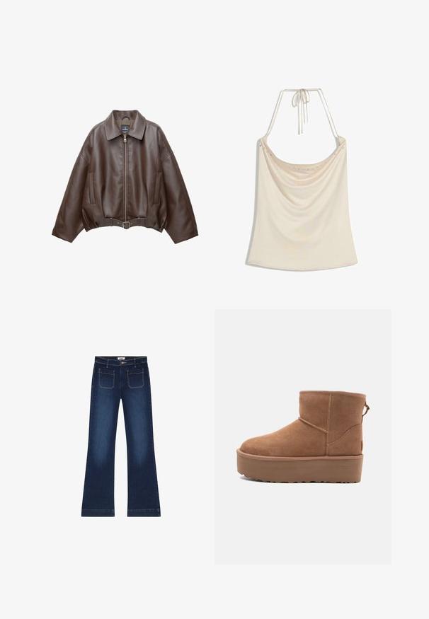 Hnědá krátká bunda z umělé kůže se širokým límcem, předním zipem, bočními kapsami a páskem v pase. Hladká textura, volný střih.; Béžový halter top s přehozem v přední části, který má hladkou texturu a malé kovové detaily podél výstřihu. Zavazuje se na zádech.; Tmavě modré zvonové džíny vyrobené z denimu. Mají pět kapes, zipový kloup a zlaté prošívání na švech. Široký střih nohavic.; Hnědé semišové kotníkové boty s platformou, zaoblenou špičkou a prošíváním; mají poutko vzadu pro snadné obouvání.