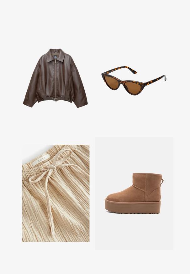 Bruine jack van imitatieleer, kort model, met een brede kraag, ritssluiting aan de voorkant, zijzakken en een tailleband met ceintuur. Gladde textuur, ontspannen pasvorm.; Beige haltertop met gedrapeerde voorkant, met een zachte textuur en kleine metalen accenten langs de halslijn. Vetersluiting aan de achterkant.; Beige textuurlijke shorts met een gather tailleband en een strikdetail aan de voorkant, gemaakt van een lichtgewicht stof met fijne verticale lijnen.; Tan suède enkellaars met een platformzool, ronde neus en stiksels; heeft een trekband aan de achterkant voor gemakkelijke instap.; Cat-eye zonnebril met een zwart en oranje schildpadframe, bruine lenzen en slanke, puntige uiteinden. Bevat een minimalistisch logo op de poot.