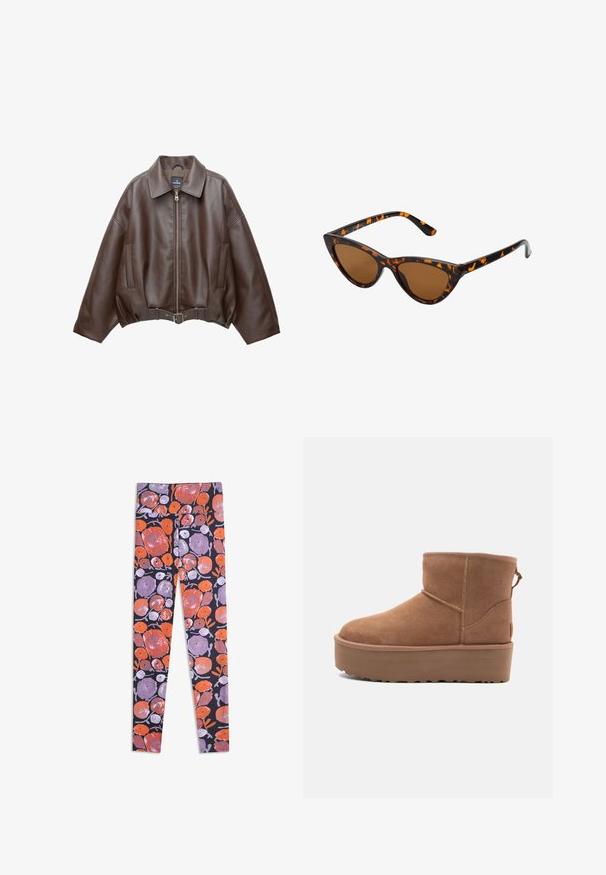 Kavaj s ošišanim donjim dijelom od smeđe umjetne kože s širokim ovratnikom, prednjim patentnim zatvaračem, bočnim džepovima i remenom u struku. Glatka tekstura, udoban kroj.; Bež halter top s nabranim prednjim dijelom, koji ima glatku teksturu i male metalne akcentne detalje uz izrez. Veže se straga.; Leggings s visokim pojasom, s odvažnim cvjetnim uzorkom u narančastoj i ljubičastoj boji na crnoj pozadini.; Svijetlosmeđi antilop čizmice do članka s platformom, okruglim vrhom i ukrasnim šavovima; ima petnu traku za lakše obuvanje.; Sunglasses u obliku mačjih očiju s okvirom u crno-narančastom kornjačevom uzorku, smešnim lećama i elegatnim, šiljastim vrhovima. Sadrži minimalni logo na dršci.