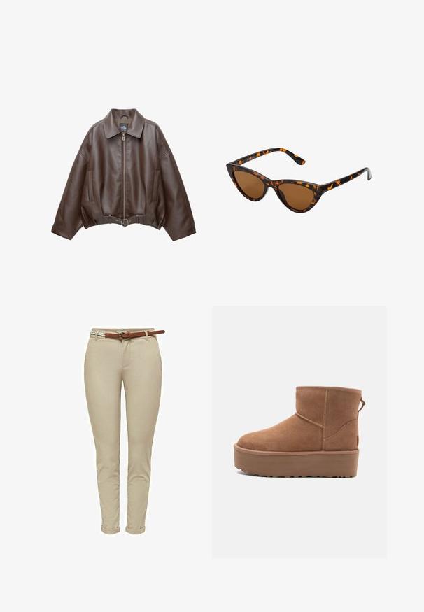 Brun kort jakke i imiteret læder med bred krave, lynlås foran, sidelommer og bælte i taljen. Glat tekstur, afslappet pasform.; Beige halterneck top med draperet front, featuring en glat tekstur og små metalaccenter langs halsudskæringen. Binder i ryggen.; Beige slim-fit bukser lavet af bomuld med en glat tekstur, udstyret med et brunt læderbælte og oprullede cuff'er for ekstra detalje.; Tan ruskinds ankelstøvle med platformssål, rund tå og syninger; har en løkke bagpå for nem påtagning.; Kat-ejede solbriller med en sort og orange skildpaddemønstret stel, brune linser og slanke, spidse ender. Har et minimalistisk logo på skabelsen.