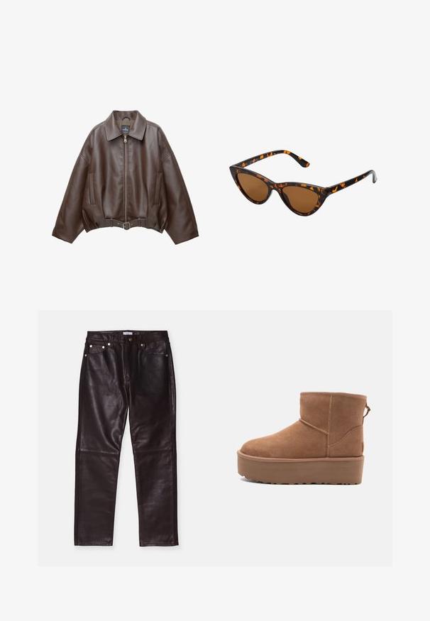 Hnědá krátká bunda z umělé kůže se širokým límcem, předním zipem, bočními kapsami a páskem v pase. Hladká textura, volný střih.; Béžový halter top s přehozem v přední části, který má hladkou texturu a malé kovové detaily podél výstřihu. Zavazuje se na zádech.; Hnědé kožené kalhoty s hladkým povrchem, obsahující čtyři kapsy, zapínání na zip a kovové detaily. Přizpůsobený střih rovného nohavice.; Hnědé semišové kotníkové boty s platformou, zaoblenou špičkou a prošíváním; mají poutko vzadu pro snadné obouvání.; Sluneční brýle ve stylu kočičích očí s černo-oranžovým želvovinovým rámem, hnědými skly a elegantními, špičatými konci. Obsahují minimalistické logo na straně.