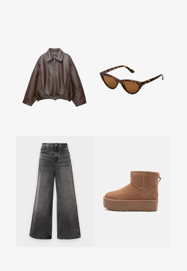 Hnědá krátká bunda z umělé kůže se širokým límcem, předním zipem, bočními kapsami a páskem v pase. Hladká textura, volný střih.; Béžový halter top s přehozem v přední části, který má hladkou texturu a malé kovové detaily podél výstřihu. Zavazuje se na zádech.; Široké černé džíny z denimu s vybledlým ombroekem, design s pěti kapsami a zapínáním na knoflík v pase, s vyšívanými detaily.; Hnědé semišové kotníkové boty s platformou, zaoblenou špičkou a prošíváním; mají poutko vzadu pro snadné obouvání.; Sluneční brýle ve stylu kočičích očí s černo-oranžovým želvovinovým rámem, hnědými skly a elegantními, špičatými konci. Obsahují minimalistické logo na straně.