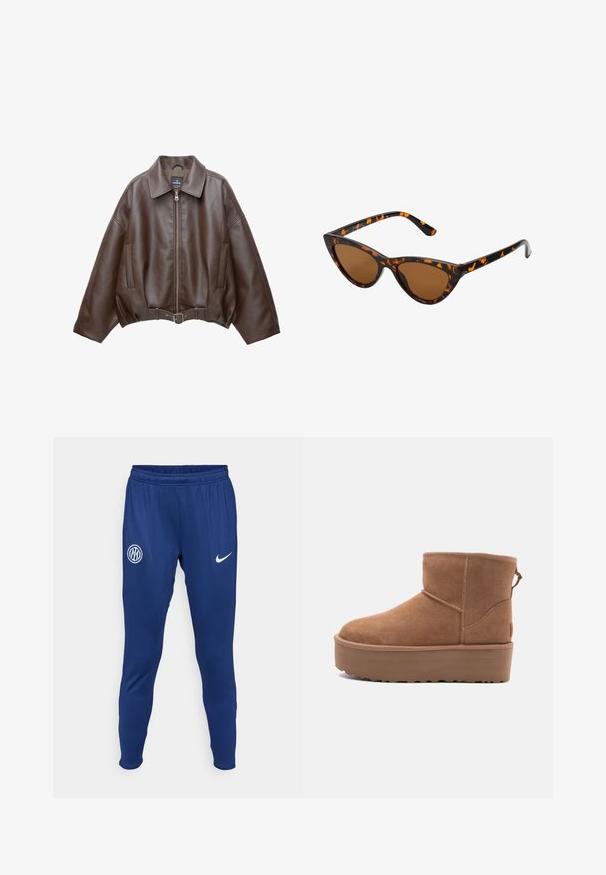 Giacca corta in pelle ecologica marrone con ampio colletto, cerniera frontale, tasche laterali e cintura in vita. Texture liscia, vestibilità comoda.; Top halter beige con frontale drappeggiato, caratterizzato da una texture liscia e piccoli dettagli metallici lungo il colletto. Si lega sul retro.; Pantaloni sportivi blu navy realizzati in tessuto liscio. Presentano un logo Nike bianco e un emblema tondo della squadra sulla coscia sinistra. Vita elasticizzata.; Stivale alla caviglia in suede beige con suola platform, punta rotonda e dettagli di cucitura; presenta un inserto sul retro per una facile calzata.; Occhiali da sole cat-eye con una montatura tartarugata nera e arancione, lenti marroni e punte affusolate e eleganti. Presentano un logo minimale sulla asta.