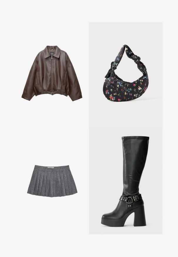 Ruskea tekonahkainen lyhyt takki, jossa leveä kaulus, edessä vetoketju, sivutaskut ja vyötäröllä vyö. Sileä pinta, rento istuvuus.; Musta pitkähihainen paita, jossa on leveä pyöreä pääntie, rento istuvuus ja pehmeä materiaali. Paidassa on hieman pidempi selänhelma, eikä muita koristuksia.; Harmaa laskettu hame, joka on valmistettu teksturoitua kangasta. Siinä on muotoiltu vyötärö ja useita pystylaskoksia, jotka luovat rakenteellisen siluettin.; Mustat polvipituiset platform-kengät kiiltävällä pinnalla, joissa on leveä lohkarekorko ja solkikiinnitys nilkassa.; Mustasilmäinen kuution muotoinen käsilaukku, jossa on värikäs kukkakuosi ja solmittu kahva, sekä pieni metallinen logo alakulmassa.