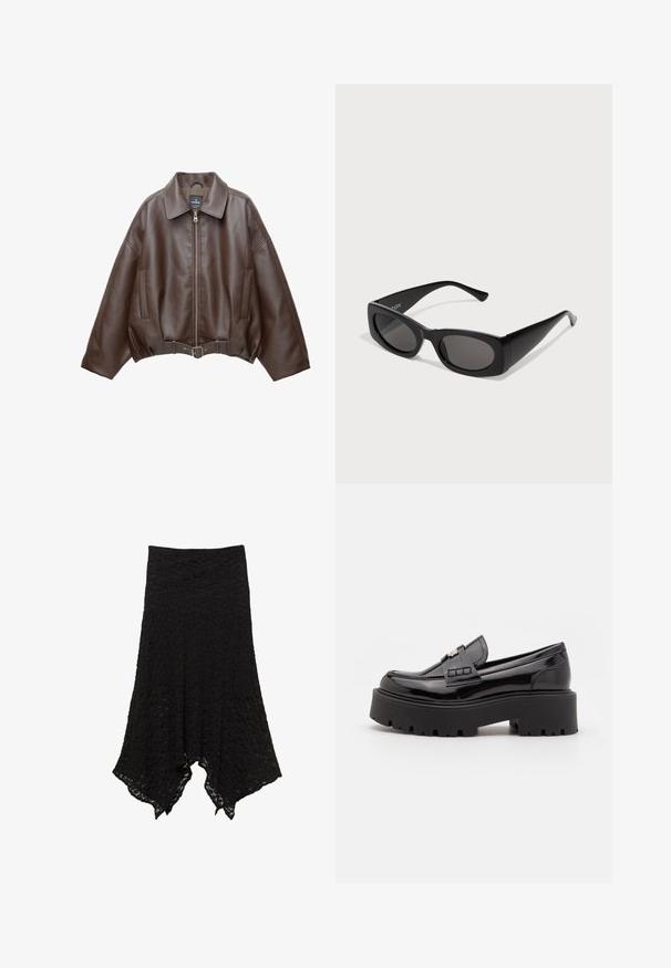 Jachetă scurtă maro din piele ecologică, cu guler lat, fermoar frontal, buzunare laterale și talie cu curea. Textură netedă, croială lejeră.; Tricou din bumbac negru, cu mâneci scurte și o croială lejeră. Prezintă o imprimare grafică roșie pe piept cu textul "O CĂLĂTORIE A REVELAȚIEI."; Fustă din dantelă neagră cu o formă A-line, model texturat și tiv neregulat. Dispune de un brâu elastic pentru confort.; Madden Girl CALISTA - Pantofi slip-on - black; Ochelari de soare negri cu un cadru rectangular, lentile întunecate și laterale texturate. Prezintă un design elegant și contemporan, cu siluete îndrăznețe.