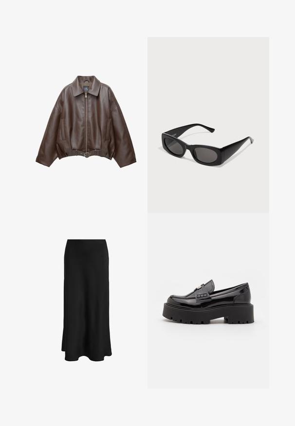 Brun kort jakke i imiteret læder med bred krave, lynlås foran, sidelommer og bælte i taljen. Glat tekstur, afslappet pasform.; Sort bomulds t-shirt med korte ærmer og en afslappet pasform. Har et rødt grafisk tryk på brystet med teksten "EN REJSE MOD ÅBENBARING."; Sort nederdel lavet af glat stof; har en tætsiddende talje og en udflydende kant, hvilket skaber en slank, lige silhuet uden synlige lukkemekanismer.; Madden Girl CALISTA - Loafers - black; Sorte solbriller med rektangulært stel, mørke linser og teksturerede sider. Har et strømlinet, moderne design og dristige silhuetter.