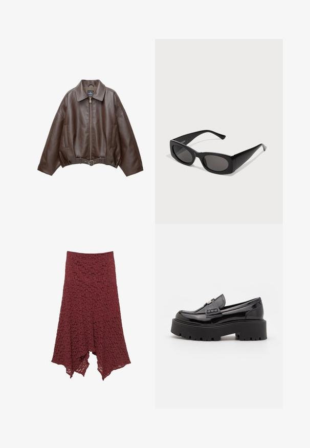 Brown faux leather cropped jacket with a wide collar, front zipper, side pockets, and a belted waist. Smooth texture, relaxed fit.; Black cotton t-shirt with short sleeves and a relaxed fit. Features a red graphic print on the chest reading "A JOURNEY OF REVELATION."; Burgundy lace skirt with a flared silhouette, featuring a textured pattern and an asymmetrical hemline for a flowing appearance.; Madden Girl CALISTA - Slip-ons - black; Black sunglasses with a rectangular frame, dark lenses, and textured sides. Features sleek, contemporary design and bold silhouettes.