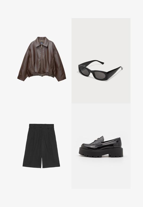 Rjava umetna usnjena krajšna jakna z širokim ovratnikom, zadrgo spredaj, stranskimi žepi in pasom v pasu. Gladek tekstura, sproščen kroj.; Črna bombažna majica s kratkimi rokavi in sproščenim krojem. Na prsih je rdeč tisk z napisom "POTOVANJE ODKRITJA."; Črne lanene kratke hlače z ohlapnim krojem, z ravnim sprednjim delom, dvema stranskima žepoma in gumbom za zapiranje v pasu.; Madden Girl CALISTA - Čevlji brez vezalk - black; Črne sončna očala s pravokotnim okvirjem, temnimi lečami in strukturiranimi stranicami. Opremljena so s sodobnim dizajnom in drznimi silhuetami.