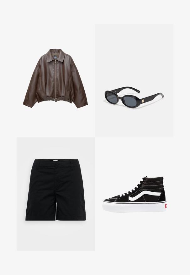 Jachetă scurtă maro din piele ecologică, cu guler lat, fermoar frontal, buzunare laterale și talie cu curea. Textură netedă, croială lejeră.; Bralette sportiv alb-negru, cu bretele ajustabile, design ajustat și detaliu din spate în cruce. Fabricat dintr-un material elastic, texturat.; Shorts negri din bumbac, cu un croi drept, având un cinturonc, buzunare frontale și un design minimalist. Textură netedă și fără modele vizibile.; Tenisi negri cu glezna înaltă, cu șireturi albe, un logo alb și cusături albe contrastante. Prezintă o talpă groasă albă și un exterior din nubuc texturat.; Ochelari de soare ovali negri cu lentile întunecate, ramă din plastic lucios, brațe late și un mic accent de aur pe o parte.