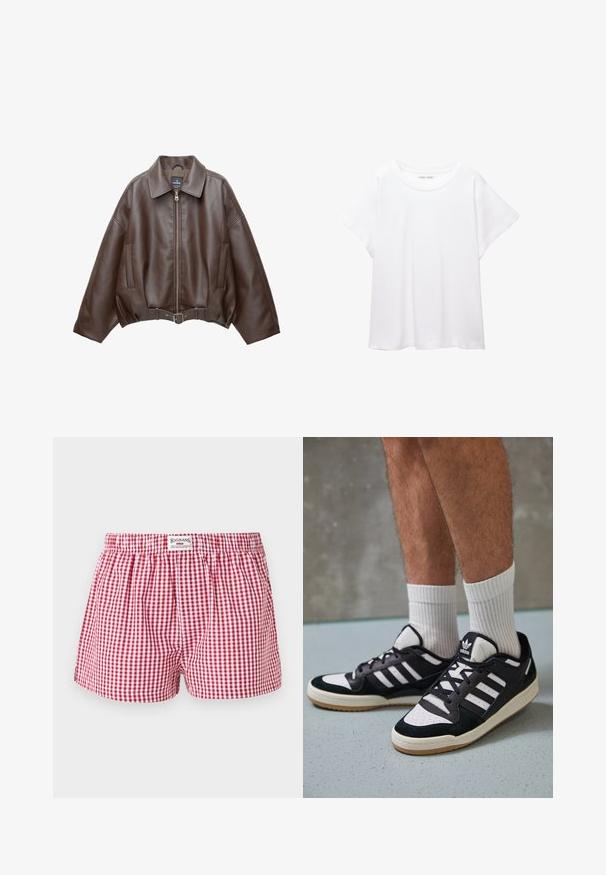 Barna műbőr rövid dzseki széles gallérral, elülső cipzárral, oldalzsebekkel és övvel szabott derékkal. Simább tapintású, laza szabású.; Fehér póló, puha, könnyű anyagból készült. Kerek nyakú, rövid, széles ujjaival és laza szabásával rendelkezik. Nincsenek látható minták.; BDG Urban Outfitters GINGHAM BOXER - Rövidnadrágok - dark red; Fekete-fehér tornacipők velúr és bőr felsőrésszel, három fehér csíkkal, perforált orral és gumi talppal.