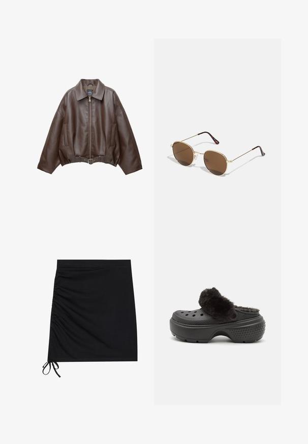 Bruine jack van imitatieleer, kort model, met een brede kraag, ritssluiting aan de voorkant, zijzakken en een tailleband met ceintuur. Gladde textuur, ontspannen pasvorm.; Witte mouwloze top met gedrapeerde stof, een cinched halternek en details van goudkleurig metaal. Zachte textuur en een lichte, vloeiende uitstraling.; Zwarte mini-jurk van zachte stof, met zij-ruche en strikjes aan de zoom. Glad materiaal met een aansluitende pasvorm.; Zwarte klompen met een zachte, donzige bovenband, voorzien van perforaties aan de voorkant en een gestructureerde hak voor grip. Lichtgewicht en gemakkelijk aan te trekken ontwerp.; Gouden metalen zonnebril met een ronde, bruin getinte lens. Heeft dunne armen met een schildpadpatroon op de uiteinden. Inclusief transparante neuskussentjes.