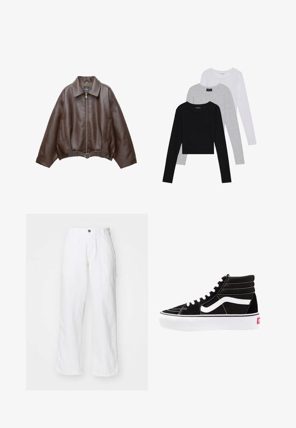 Hnedá krátka bunda z umelého kože s širokým golierom, predným zipsom, bočnými vreckami a opaskom v páse. Hladká textura, voľný strih.; Tričko s dlhým rukávom v troch farbách: čiernej, sivej a bielej. Každé má okrúhly výstrih a skrátený strih vyrobený z hladkej, ľahkej tkaniny.; Biele bavlnené nohavice so strihom rovného nohavého, s gombíkovým zapínaním, bočnými vreckami a voľným strihom. Hladká textúra.; Čierne vysoké tenisky s bielymi šnúrkami, bielym logom a kontrastným bielym prešívaním. Majú hrubú bielu podrážku a textúrovaný semišový zvršok.