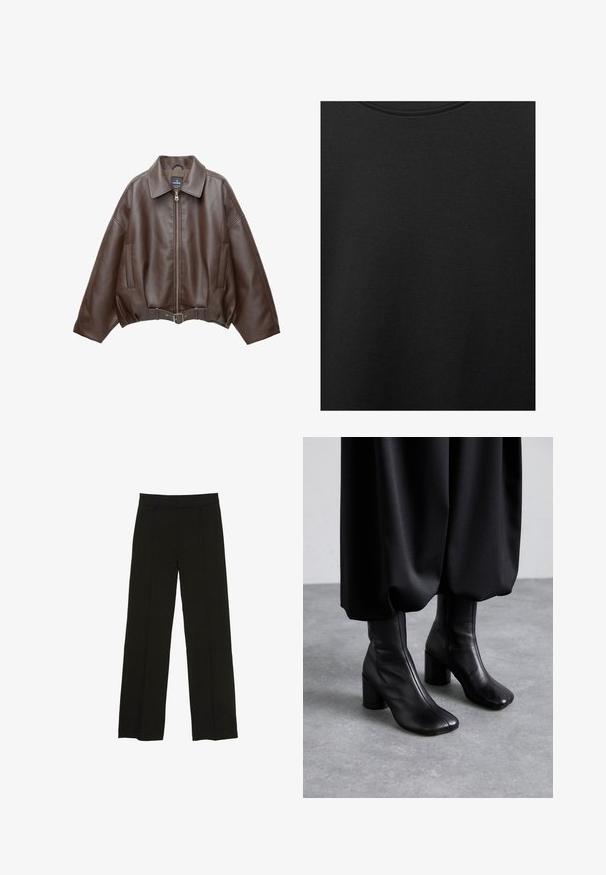 Hnědá krátká bunda z umělé kůže se širokým límcem, předním zipem, bočními kapsami a páskem v pase. Hladká textura, volný střih.; Černá bavlněná tkanina s hladkým povrchem a kulatým výstřihem, s jemným, rovnoměrným zrnem. Žádné viditelné loga ani akcenty.; Černé široké kalhoty vyrobené z hladké tkaniny, s dobře padnoucím pasem a jemnými předními klíny pro zvýraznění textury.; MM6 Maison Margiela Kotníková obuv na vysokém podpatku - black