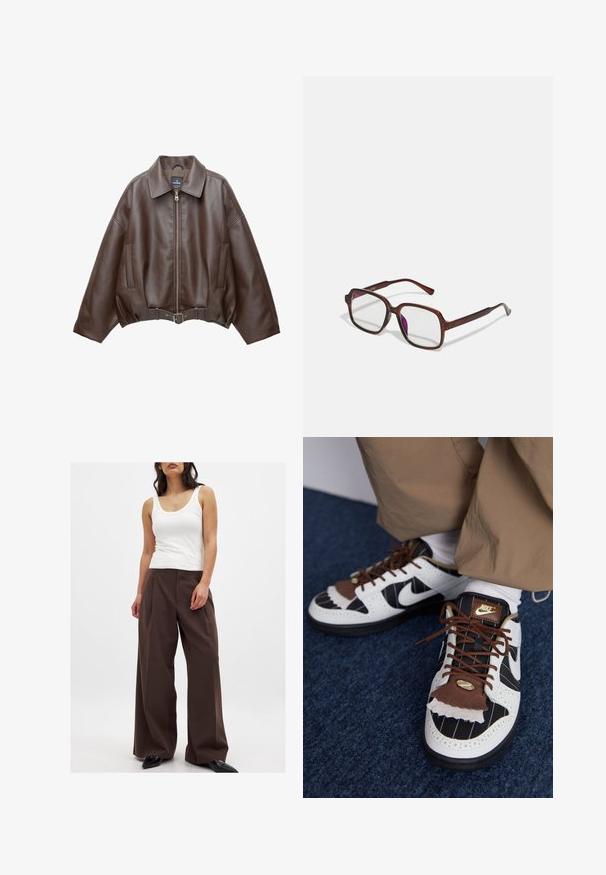 Ruskea tekonahkainen lyhyt takki, jossa leveä kaulus, edessä vetoketju, sivutaskut ja vyötäröllä vyö. Sileä pinta, rento istuvuus.; Pitkähihainen burgundinvärinen paita, joka on valmistettu pehmeästä kankaasta. Siinä on pyöreä kaula-aukko ja suora leikkaus, jossa on hieman pidempi takapää.; Ruskohka leveät housut, joissa on sileä pinta, korkea vyötärö ja prässääntynyt laskos; yhdistettynä valkoiseen toppiin. Mustat kärjet kengät.; Nike lenkkarit, joissa on valkoista, mustaa ja ruskeaa materiaalia. Ominaisuuksiin kuuluu teksturoitu ruskea läppä, raidallinen muotoilu ja perinteinen nauhoitus kultaisilla yksityiskohdilla.; Ruske, rektangulære briller med transparente linser og lilla toner. Glatt plastisk ramme med rette stenger og subtile detaljer.; Kolmikerroksinen kaulakoru, jossa on kultaketjuja, hopeapallon nauha ja keskellä solmuketju. Sisältää säädettävän lukon.